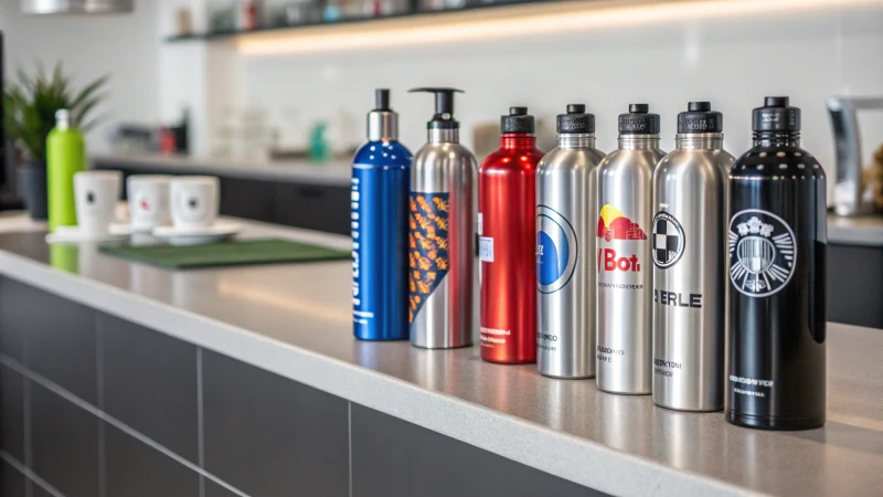 A display of various aluminum bottles in different sizes and colors on a countertop