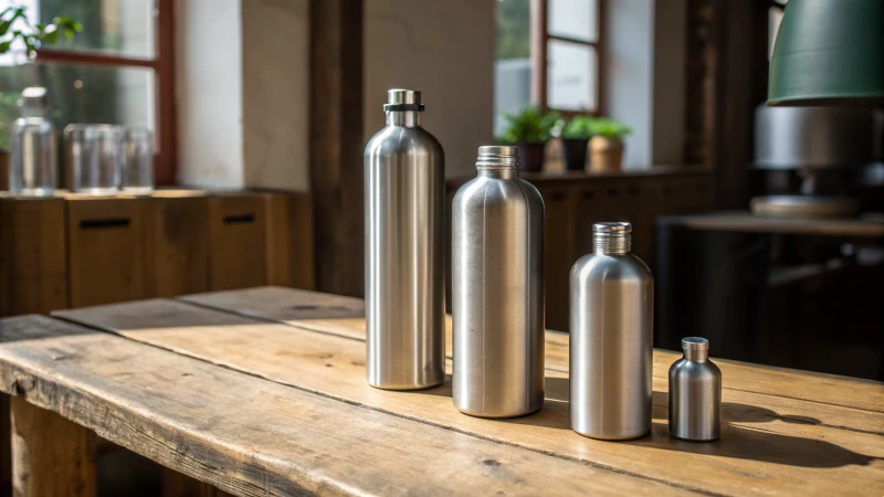 A collection of aluminum bottles on a rustic wooden table