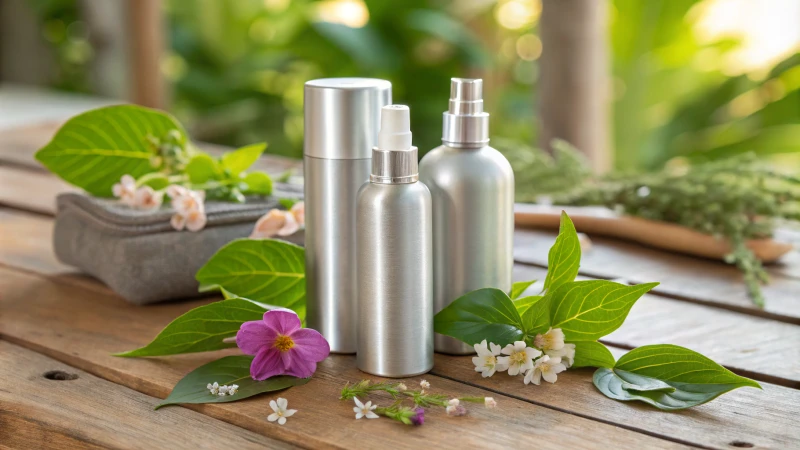 Stylish aluminum beauty product bottles on a rustic table