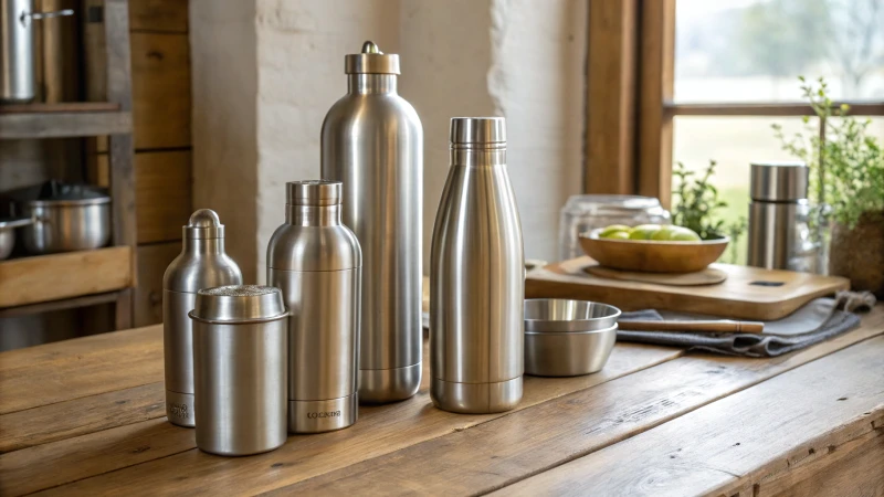 Assorted aluminum bottles on a rustic wooden table