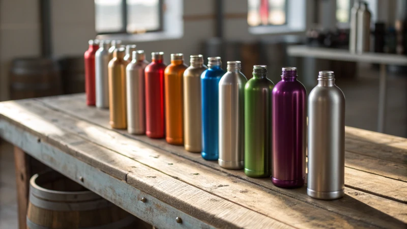 A collection of colorful aluminum bottles on a wooden table