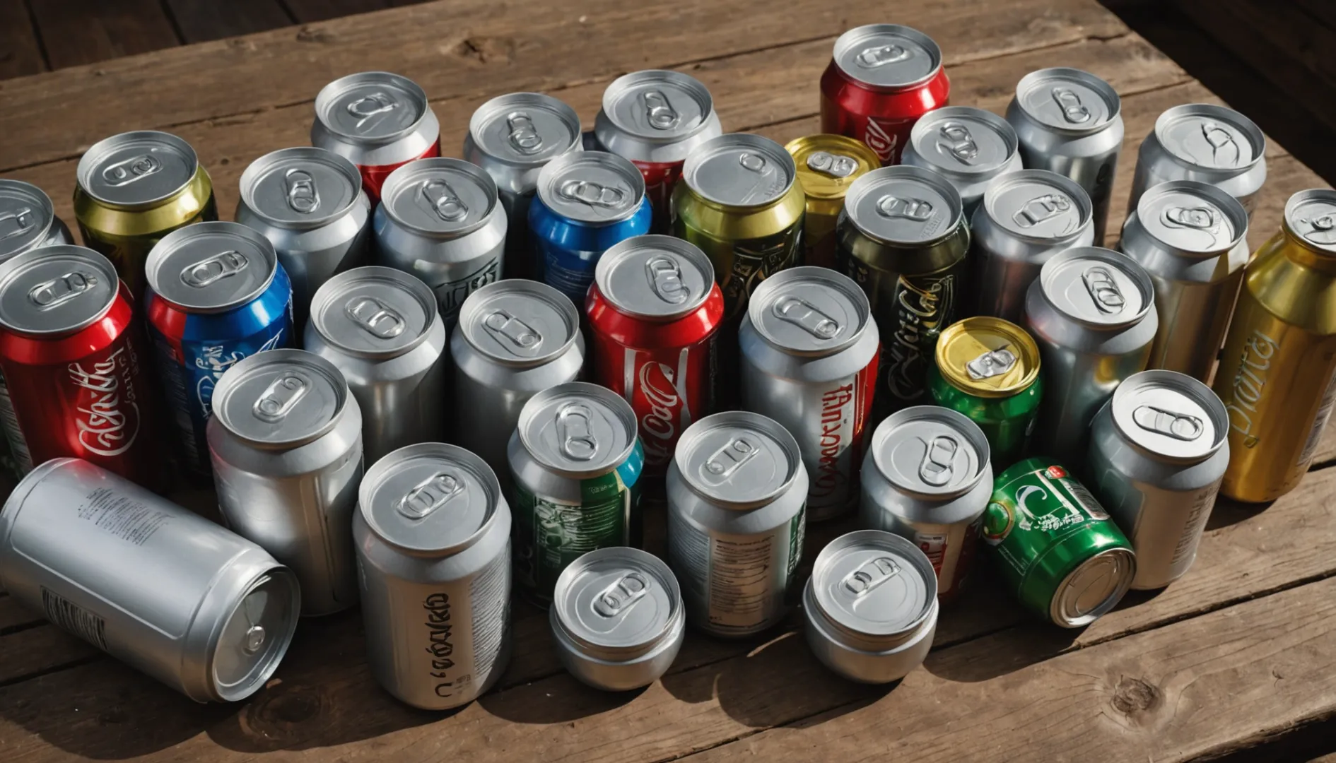 Comparison of aluminum cans, plastic bottles, and glass jars on a wooden table.