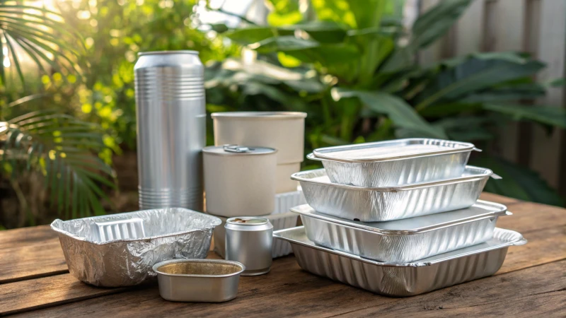 Photorealistic arrangement of aluminum packaging items on a wooden table