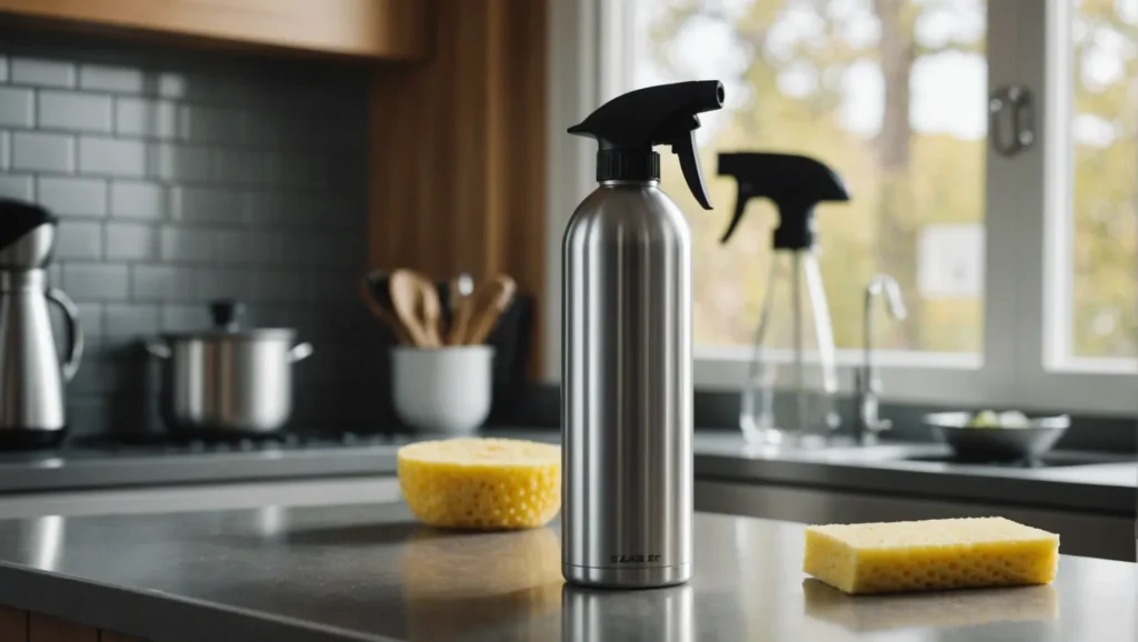 A sleek aluminum spray bottle on a kitchen counter with cleaning supplies.