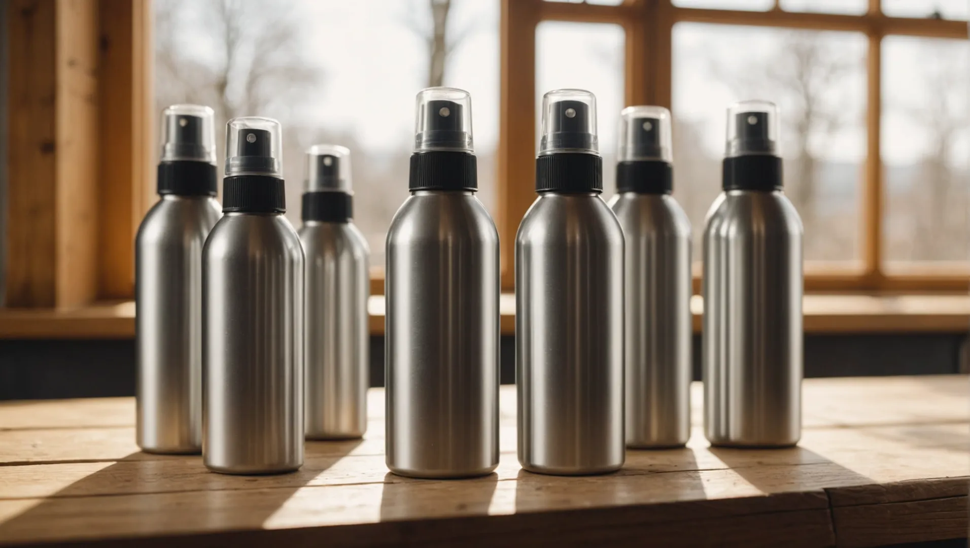 Stylish aluminum spray bottles on a wooden counter with sunlight