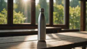 Aluminum water bottle on a wooden table with sunlight