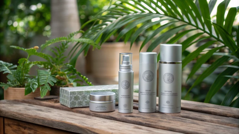 Elegant beauty products in aluminum packaging on a rustic table