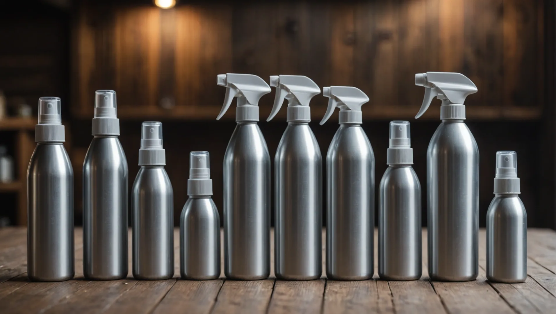 Various aluminum spray bottles with different nozzle types and sizes