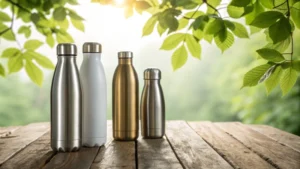 A collection of contemporary aluminum beverage bottles on a rustic wooden table.