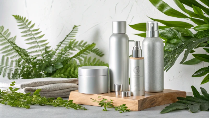 A display of aluminum beauty product bottles surrounded by green foliage