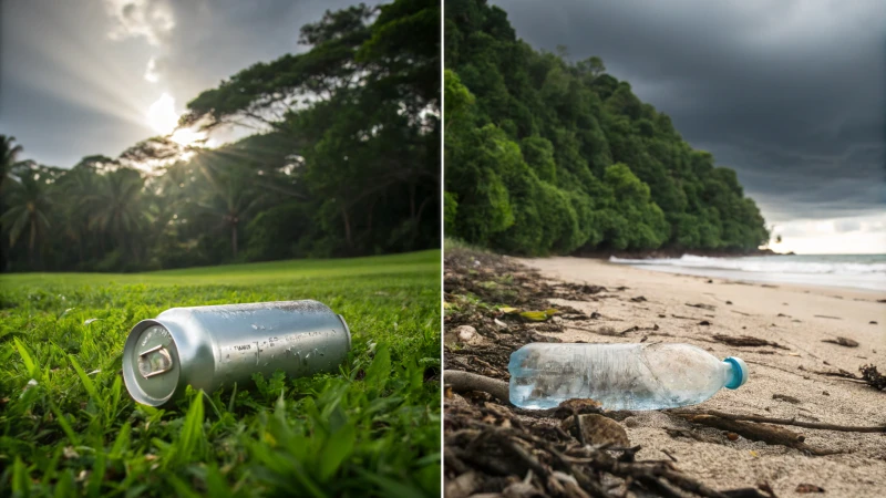 A split image showing a shiny aluminum can in a forest and a plastic bottle on a polluted beach.