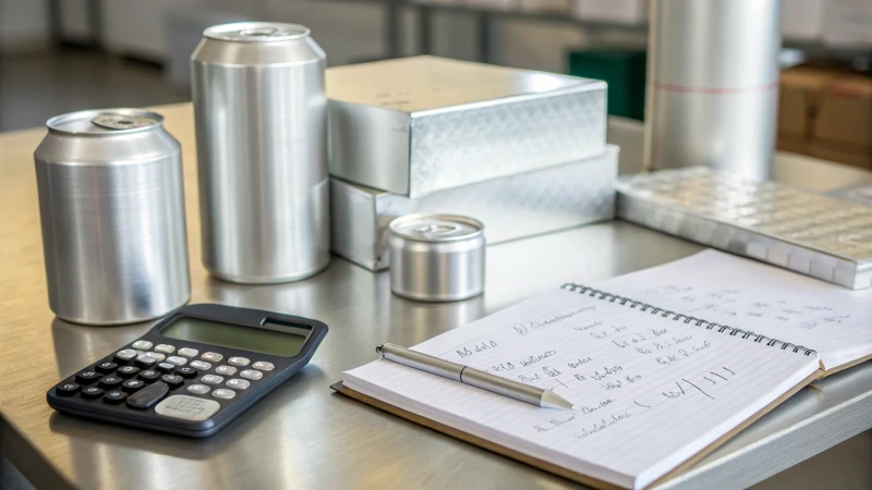 Close-up of a desk with aluminum packaging materials, a calculator, and a notepad.