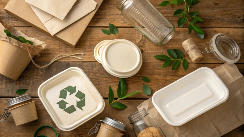 Flat lay of eco-friendly packaging materials on a wooden table