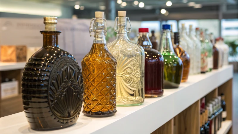 A collection of glass and plastic bottles with unique shoulder designs on a blurred background