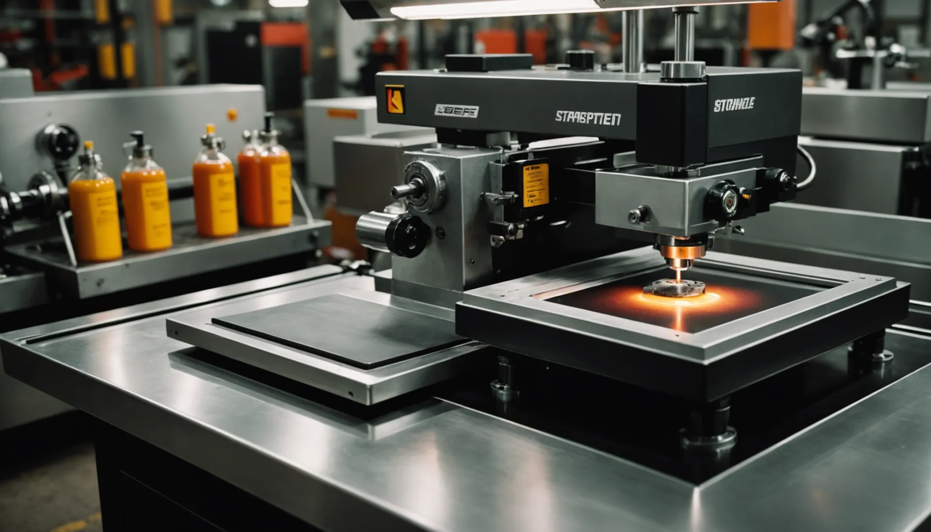 Close-up of hot stamping process on aluminum bottles