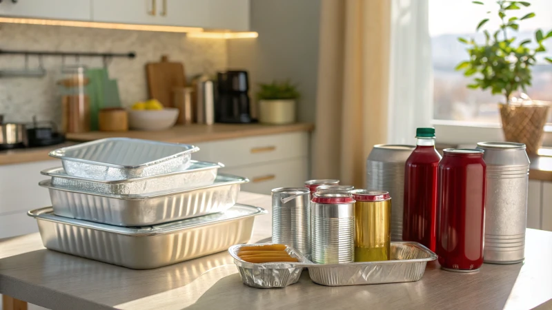 A kitchen counter filled with aluminum packaging products in a cozy setting