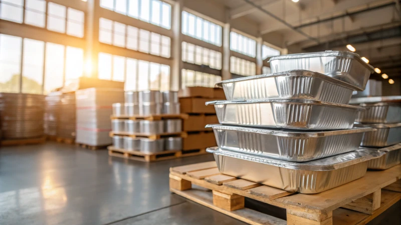 Close-up of aluminum packaging on a wooden pallet in a warehouse