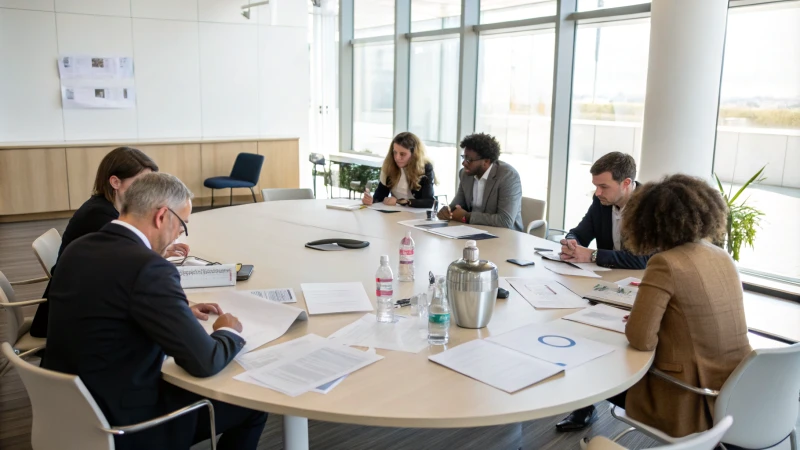 Business professionals in a modern conference room discussing supplier selection.