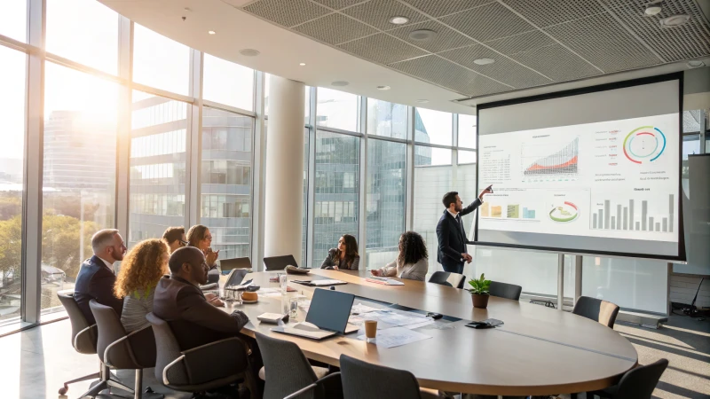 A modern conference room with diverse professionals discussing metrics