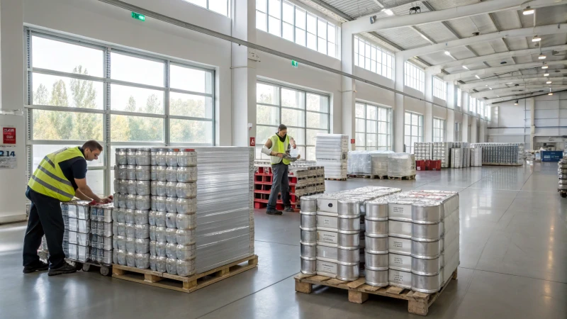 A bright logistics facility with aluminum containers and busy workers