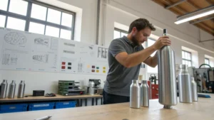 A technician adjusting an aluminum bottle in a workshop