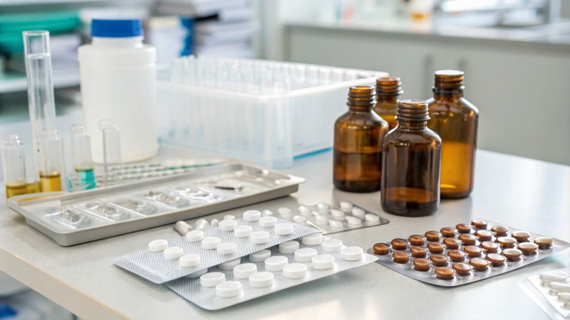 Various pharmaceutical packaging materials on a laboratory table