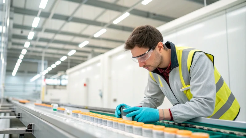 Quality control inspector examining products on a conveyor belt