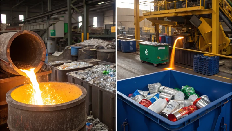 Illustration contrasting aluminum and plastic recycling processes