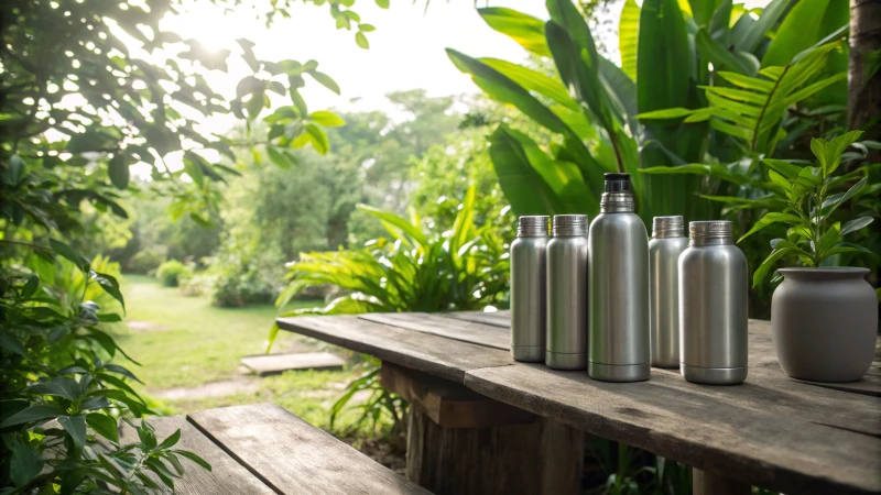 Aluminum bottles on a wooden table surrounded by green plants