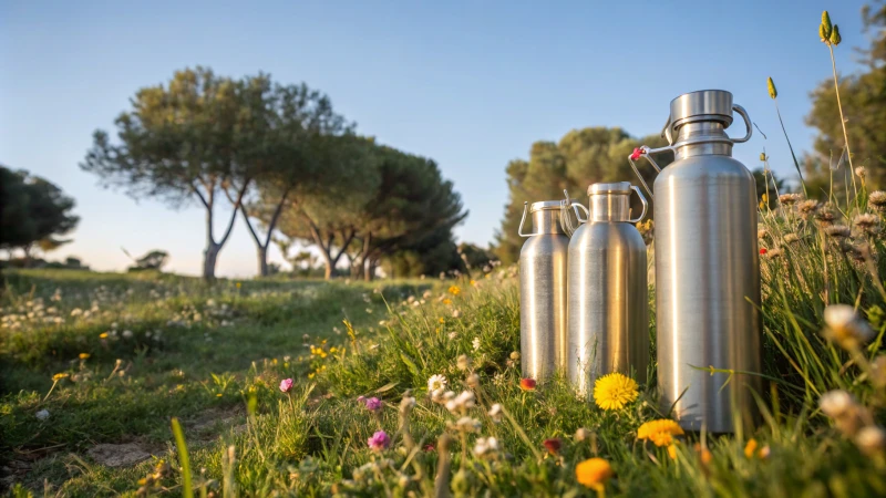 Aluminum bottles on grass with wildflowers