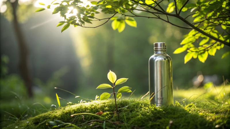 Aluminum bottle in a green setting