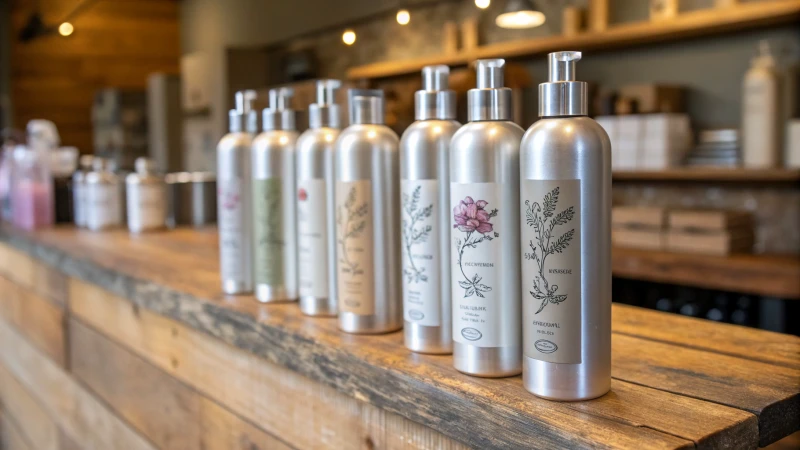 A collection of aluminum cosmetic bottles on a wooden countertop