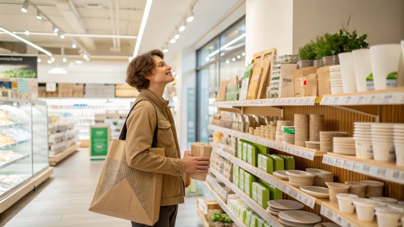 A young adult examining eco-friendly products in a grocery store