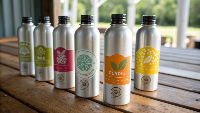 Various 8 oz aluminum bottles on a wooden table