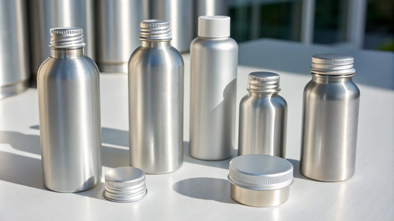 A collection of aluminum bottles with various sealing types on a clean surface.