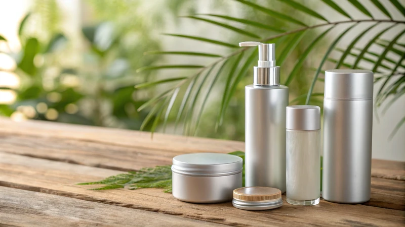 Aluminum cosmetic containers on a rustic table