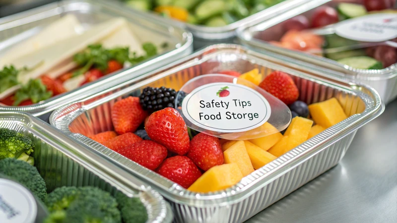 Close-up of shiny aluminum food packaging with fruits and vegetables