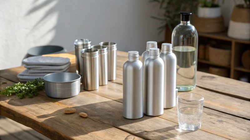 Aluminum, glass, and plastic containers on a wooden table