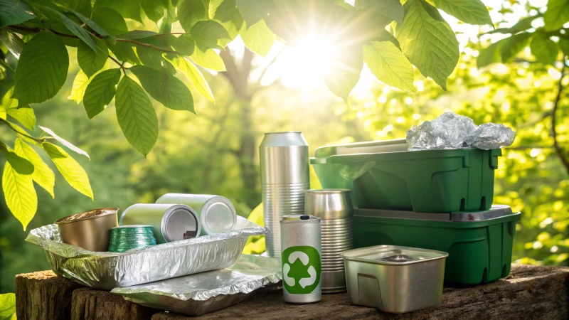 An assortment of aluminum packaging items among green leaves