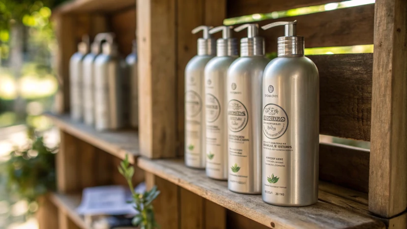 Close-up of aluminum shampoo bottles on a rustic wooden shelf