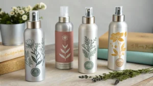 A collection of aluminum spray bottles for cosmetics on a neutral background.