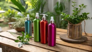 A collection of colorful aluminum spray bottles on a wooden table surrounded by plants.