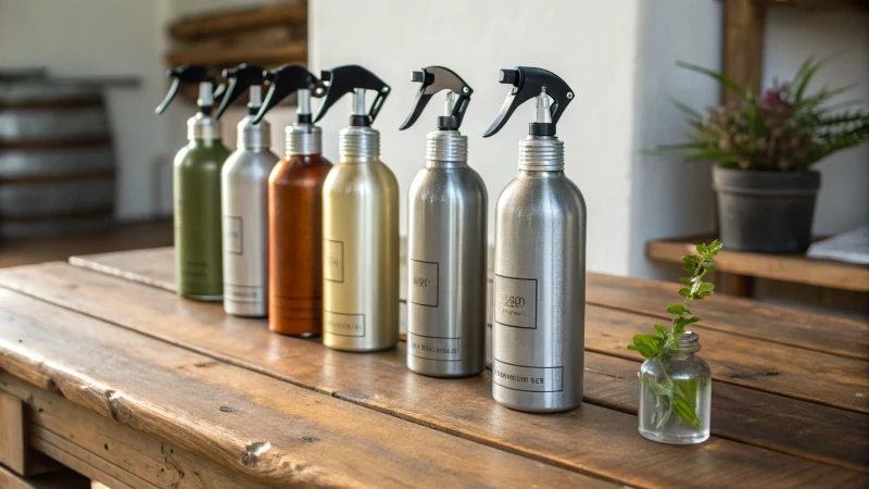 A variety of aluminum spray bottles on a rustic wooden table.