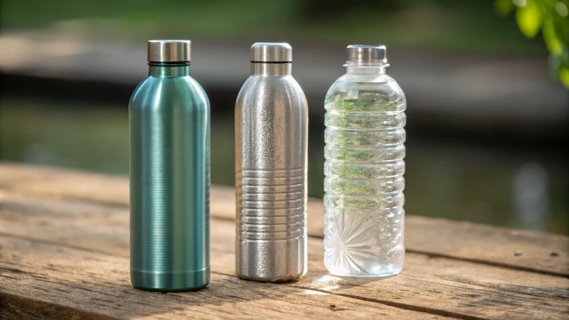 A comparison of aluminum, glass, and plastic bottles on a wooden surface