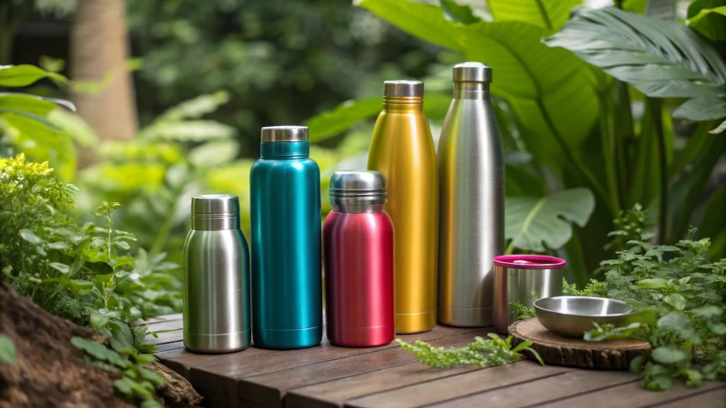 Colorful aluminum bottles arranged on a green background.