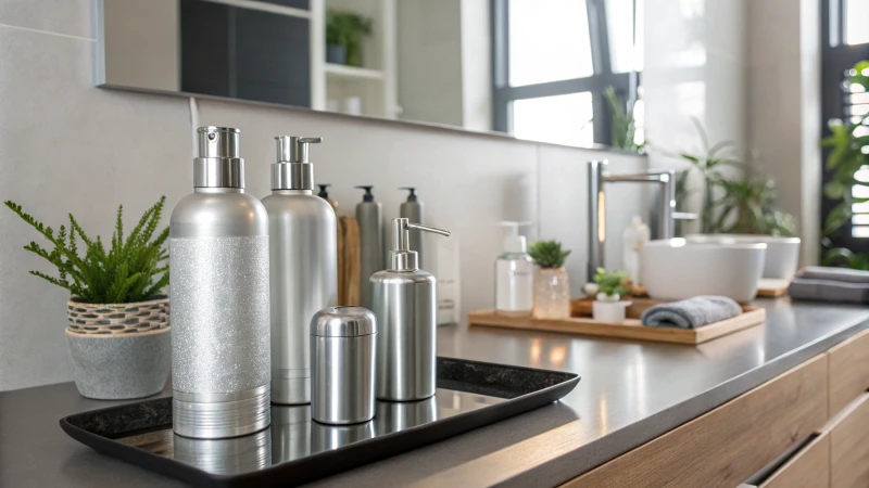 A modern bathroom featuring aluminum bottles on a sleek countertop