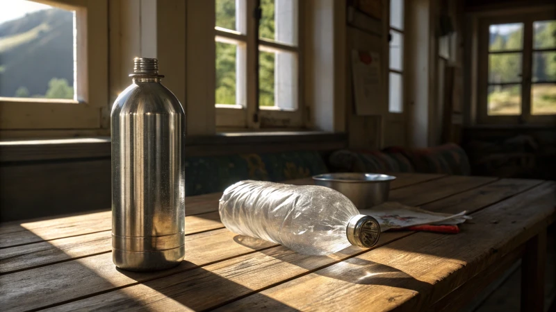 A shiny aluminum bottle next to a scratched plastic bottle on a wooden table