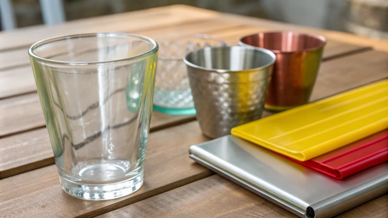 Close-up of glass, aluminum, and plastic textures on wood