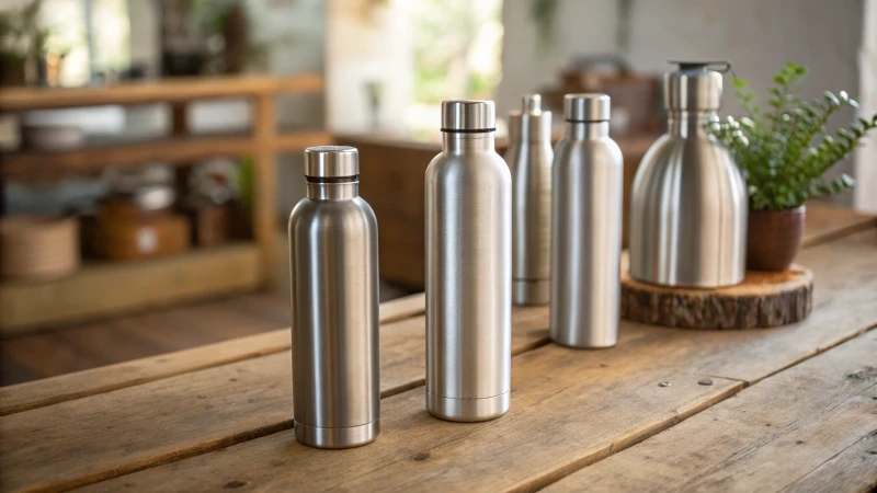 Elegant arrangement of modern aluminum bottles on a rustic wooden table