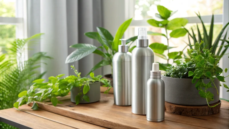 Modern aluminum spray bottles on a wooden table with plants